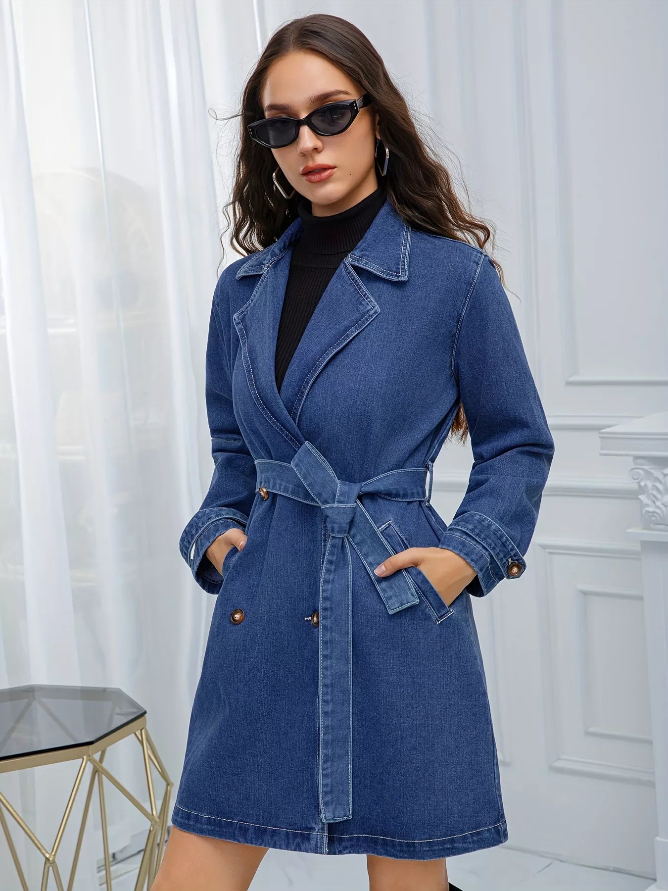 Belted Double-Breasted Denim Jacket – NAKED CAKE